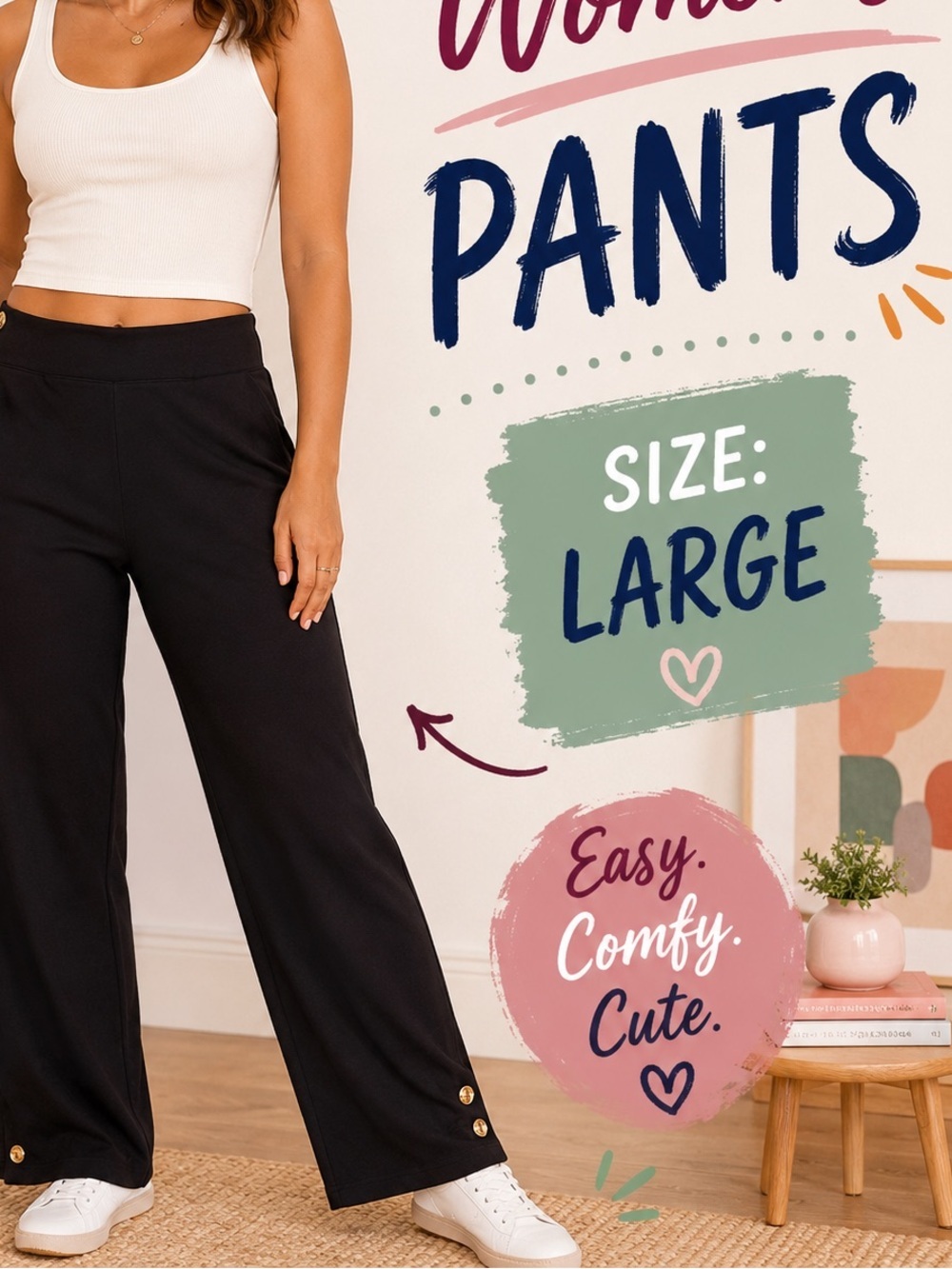 Counterparts Black High-Waist Wide-Leg Pants with Hem Button Detail LARGE